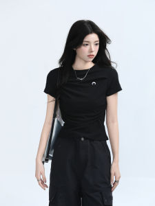 Black Hot Girl Waist Drawstring Short Sleeve T-Shirt Womens Casual Crewneck Slim Fit Design Feeling Unique