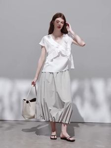 French V-Neck Asymmetrical Ruffled Short Sleeve Summer Lightweight Casual Shirt