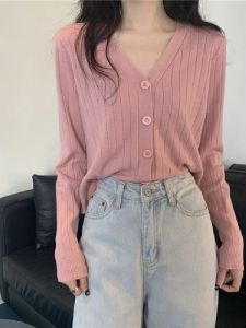 Spring Pink V-neck Knitting & Women Cardigan Stylish Niche Style
