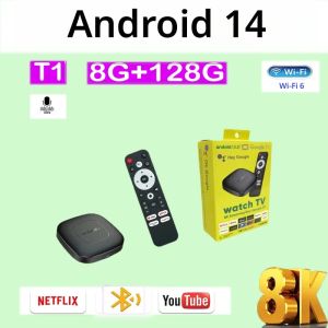 Android 14 T1 กล่องสมาร์ททีวี Allwinner H313 8G + 128GB ROM WiFi Doble (2.4G/5G) บลูทูธ 5.4 YouTube Google Voice Media Player