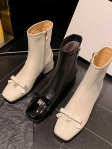 2023 Fall and Winter New Arrival Genuine Leather French Square Head Thick Heel Bowknot Classic Style High-Heeled Skinny Boots White Ankle Boots Women