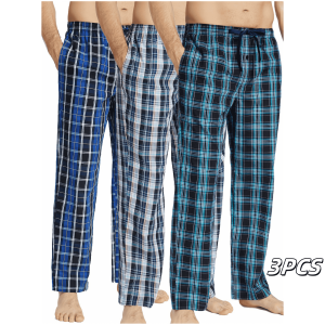 3pcs Mens Pajama Bottoms Autumn Cotton Thin Plaid Sleep & Lounge Pants with Pockets and Elastic Waistband