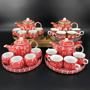 Hong Kong Version Traditional Wedding Couple Tea Ceremony Ceramic Modified Tea Set Suit Guangdong Bride Dowry Daughter-in-Law Tea for Elders
