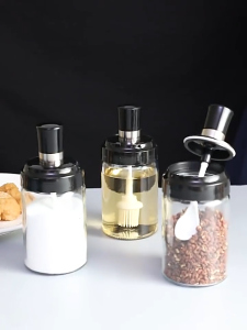 Kitchen seasoning dispenser bottle glass spice jar with spoon seasoning bottle with spoon oil bottle with brush seasoning oil bottle set jar glass container food storage condiment container salt dispenser sauce bottle container storage for seasoningBINLU