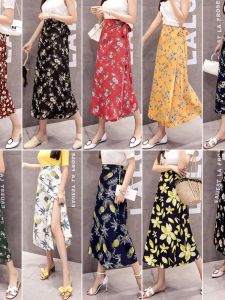 ชุดเดรสยาวเอวสูงไม่สมมาตรพร้อมกางเกงพิมพ์ลายดอกไม้สําหรับหญิงสาวตู้เสื้อผ้าฤดูร้อน