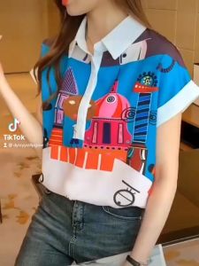 เหมาะกับอากาศร้อน New ผ้าชีฟองแขนสั้น คอเหลี่ยม กระดุมหน้า ผ้าใส่สบาย สไตล์เกาหลี