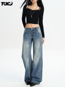 Retro Low Waist Wide Leg Jeans Womens Fashion Loose Fit Spring Autumn Style Denim Blue Long Pants Casual Lazy Style