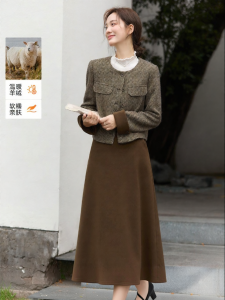 Vimly | Stylish Warm Winter Suit Dress Brown 1 Wool Coat & Skirt
