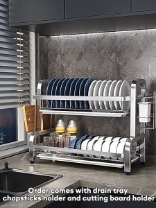 LOADNIX 2/3 TierStainless Steel Dish Drying Rack Kitchen Countertop Organizer Large Capacity Plate Bowl Dish Drainer with Cutlery Holder Knife Rack And Chopstick Cup