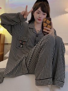 Plus Size Ladies Pajamas Womens Spring and Autumn Bubble Cotton Long-Sleeve Suit plus Size 150.00kg Loose Cartoon Maternity Homewear