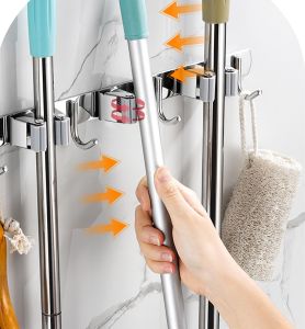 304 Stainless Steel Mop broom hanger with 2Clip+ 3HOOK  magic mop holder，Gift two installation methods