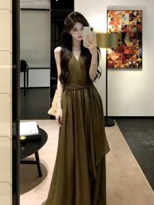 XUECAIQI | French Light Maturity V-Neck Waist-Tying A-Line Dress