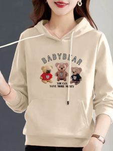 ออร์แกนิค ผ้าฝ้าย แขนยาว เสื้อฮู้ด ผู้หญิง ฤดูใบไม้ผลิ ฤดูใบไม้ร่วง เสื้อแจ๊กเก็ตพิมพ์ลายหมียอดนิยมสไตล์ใหม่ เสื้อท่อนบน ลำลอง สบาย หลวม Fit