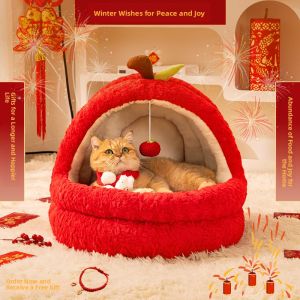 MONLEYTA | Warm Apple Cat House Winter Protection Half-Closed Safety Feel New Year Decoration Cat Nest Cozy Dog Bed Winter Essential