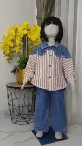 Setelan jeans stripe salur kombinasi anak perempuan usia 3 - 12 tahun set anak tangung style anak korea celana cargo jeans - COD