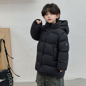 แจ็คเก็ตขนเป็ดสีขาวหนา ทรงยาวปานกลาง สำหรับเด็กและเยาวชน ฤดูหนาว ปี 2023 เสื้อคลุมกันหนาวแบบมีฮู้ดสำหรับเด็กชายและเด็กหญิง