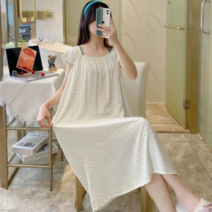 เดรสใส่นอนผ้าป๊อปปลิ้นผ้าฝ้ายสำหรับฤดูร้อนชุดอยู่บ้านลายดอกไม้เล็กสวยหวานแบบยาวปานกลางแขนสั้นผ้าฝ้ายเทียมแบบบางสำหรับผู้หญิงเดรสชุดนอน
