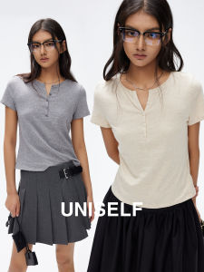 Uniself Cotton Henry Collar Short Sleeve T-Shirt Womens Breathable Cool Versatile Summer New Style Pure Color Slim Fit T-Shirt