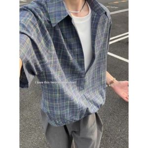 Layered Grid Pattern Casual Feel Mens Shirt V-Neck