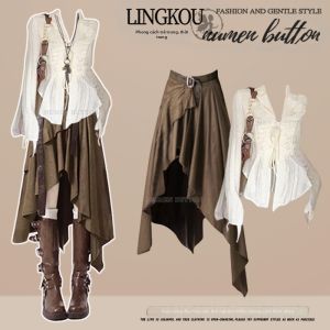 NUMEN BUTTON | Bộ Áo Blouse và Chân Váy buộc eo kiểu Pháp Bohemian Thời Trang