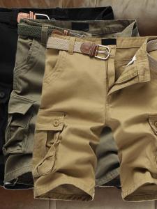 Summer Cropped Pants Multi-Pocket Workwear Shorts Mens Middle Pants Loose Straight-leg Casual Plus Size Pure Color Beach Breeches