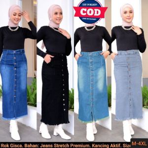 Rok Span Jeans Rok Jumbo Wanita Melar Ica Rok Lepis Wanita Full Kancing Rok Model Terbaru