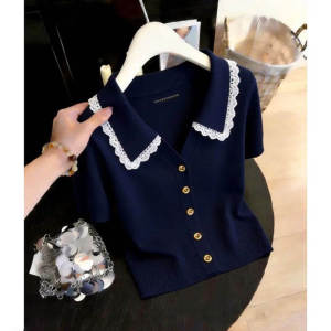 Shalldoer | Lace Ruffles Button Collar Short Sleeve Knit Top