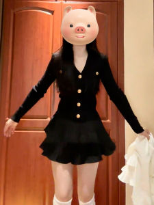 French Preppy Style Knitted Dress Set Womens Autumn Winter Puffy Skirt High Waist Sweet Japanese Style Pure Color Long Sleeve V-Neck