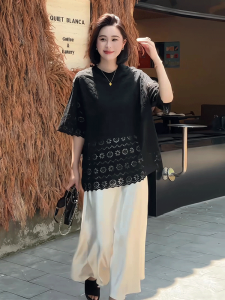 Fashionable Lace Hollow out Short Sleeve T-Shirt Womens Loose Style Summer New Arrival Age-Defying Versatile Top Korean Commute Style