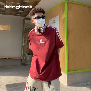 HetingHOME | Áo thun nam tay ngắn mùa hè Hetinghome dáng rộng phong cách thể thao Mỹ in họa tiết mùa xuân thường ngày tay lửng cho cặp đôi