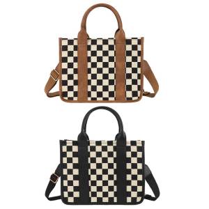 Women Large Capacity Canvas Checkered Tote Bag Durable Stylish Hobo Bag for Daily Travel and Shopping