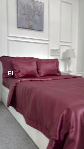 Bộ Ga Giường Phi Lụa Victorias Bedding Màu Đỏ Rượu Chính Hãng Korea