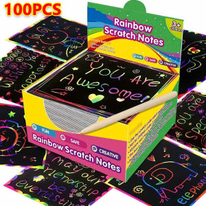 100pcs Scratch Paper Art Set Scratch Off Rainbow Magic Paper with 2 Bamboo Stylus Black Scratch Notes Xmas Birthday Gift Card