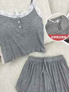 Summer Womens Fixed Chest Pad Printed Shorts Set Casual Loose Fit Sweet Style modal Cotton Material Pajama Style