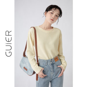 Guier Long Sleeve round Neck Casual T-Shirt Womens Base Layer Shirt Top Fashionable Autumn New Style Straight Cut Polyester Cotton Blend
