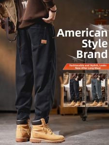 Mens Black Jeans American Casual Loose Fit Trousers