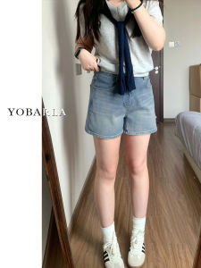 High-Waist Vintage Denim Shorts for Women Summer Style Plus Size Loose Fit Slimming Design Straight Leg Pants Blue Color