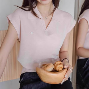 chaqi | Áo thun polo tay ngắn bằng lụa băng màu xanh lam cổ chữ V tay ngắn mùa hè mỏng cỡ nhỏ vai áo phông ngắn thu đông thường ngày