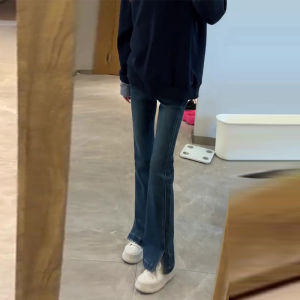 สีน้ําเงินเข้มสูง เอว ยืด ผ่าชาย เดนิม กางเกงยีนส์ ผู้หญิง ขนาดเล็ก พรางหุ่น Micro Flare ความยาวพื้น กางเกง ฤดูใบไม้ร่วง 2024