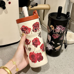 Ladies Portable Straw Thermos 316 Stainless Steel Water Bottle High Aesthetic Value 2025 New Model Outdoors Handy Vintage