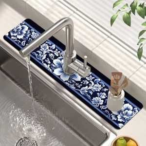 VIKAMA New Chinese-Style Blue-and-White Porcelain Feng Shui Drain Mat: Non-Slip Quick-Drying Water Trap Countertop Mat