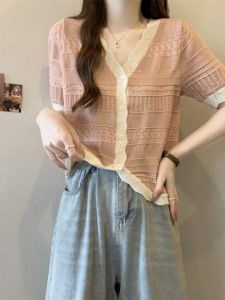 Classic Style Pink Openwork Knitting Ice Silk Short Sleeve Womens Summer Plus Size Plus Size Ladies Western Style Youthful-Looking Shirt Irregular Top