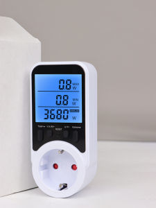 AC power plug with LCD display for checking electric power. Electric billing plug showing KWH voltage electric current with overload protection system.