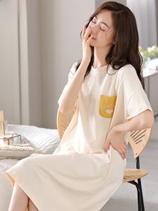 MiiOW | ชุดนอนผู้หญิงผ้าฝ้ายแท้ MiiOW ฤดูร้อน 2025 ชุดนอนลำลอง แขนสั้น กระโปรงยาวปานกลาง ปกกลม กระดุมเดียว สีพื้น