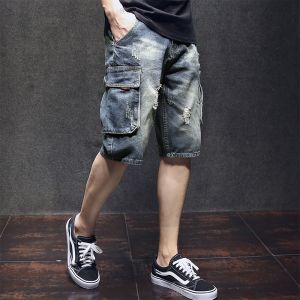 American Retro Workwear Mens Summer Thin Hole Punch Loose Five-Point Casual Mid-Length Shorts with Multiple Pockets