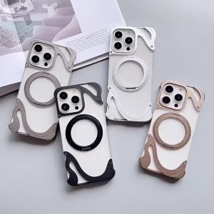Metal Magnetic Case For iphone 14 15 16 17 Pro Max Cover Frameless Clear Hard Back Skin Simple Shell With Protector With Holder