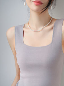 Elegant Grey French Style Square Collar Strap Vest Women Early Spring Slim Fit Sleeveless Ice Silk Knitted Base Shirt Inner Wear