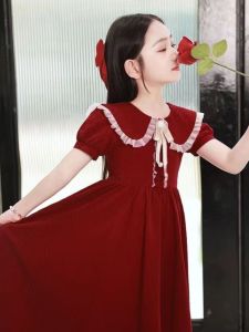 Girls French Style Stage Speech Dress Summer Red Princess Skirt Childrens Festival Celebration Costume Short Sleeve Pure Color
