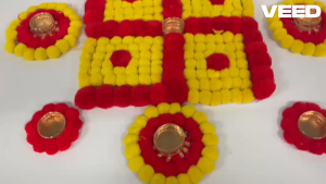 Pompom & Metal Rangoli Décor Set | Handmade Red Yellow Floral Tealight Holder for Diwali Pooja Festive Decoration & Gifting