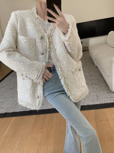 Miss Neko Micro Fur Shiny Color Block Weave Band V-Neck Casual Loose Outerwear Womens Fashionable Commute Polyester Blend